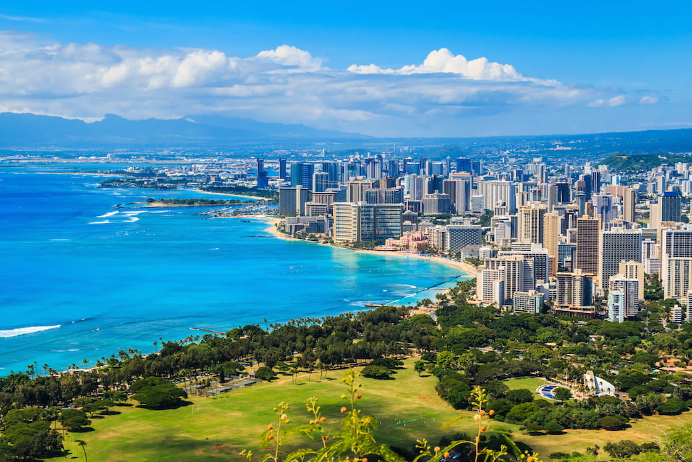 Skyline of Honolulu, Honolulu and the surrounding area including the hotels and buildings on Waikiki Beach